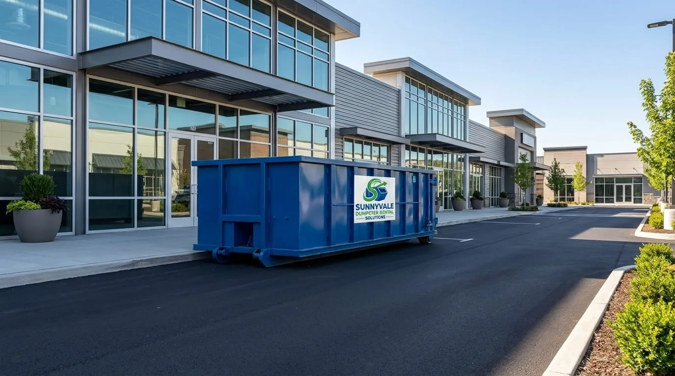 Commercial dumpster rental in Sunnyvale, CA Commercial roll-off dumpster in a Sunnyvale CA business parking lot