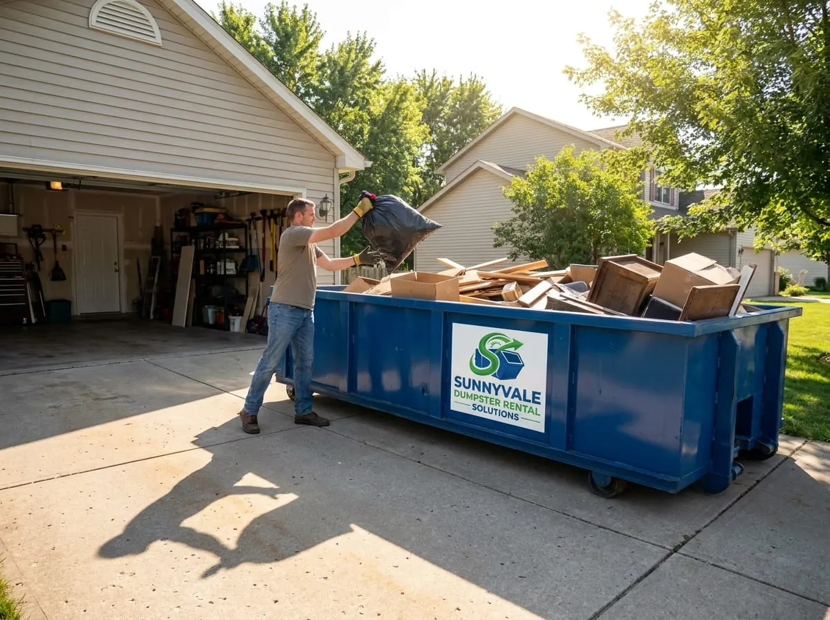 Homeowner clearing junk into a dumpster during a Sunnyvale CA cleanout