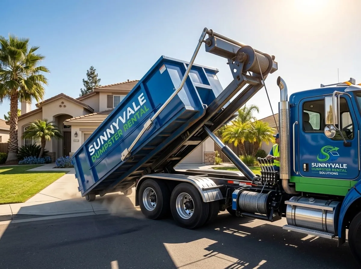 Heavy demolition dumpster being loaded onto a truck in Sunnyvale, CA